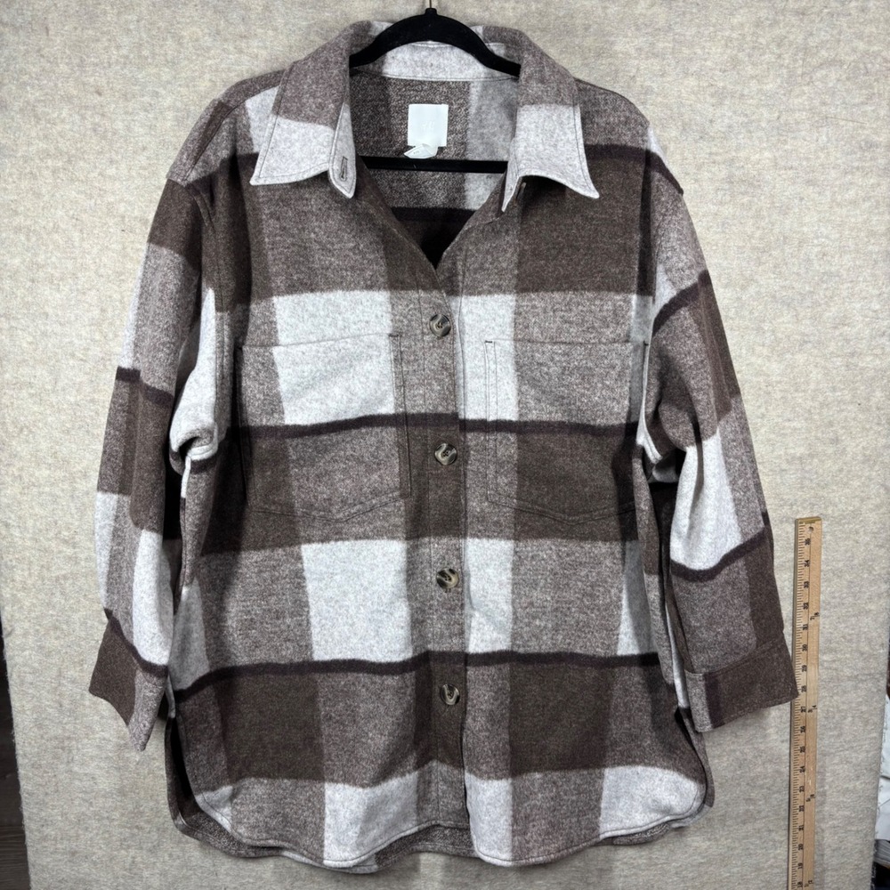 H&M Brown White Plaid Oversized Shacket Shirt Jacket Womens Large L Button Front